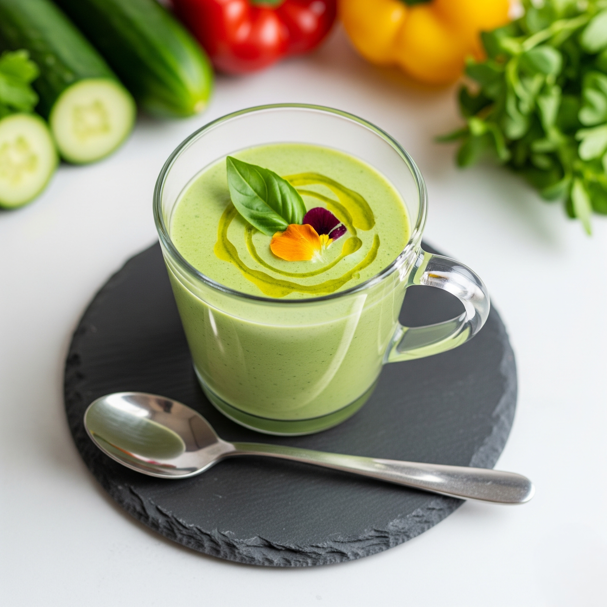 野菜たっぷりの冷製スープをガラスカップに注いだ写真